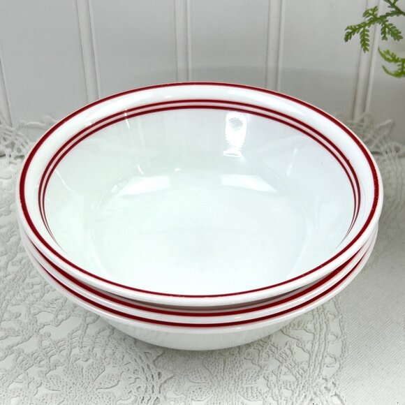 Corelle Vitrelle 3 Classic Cafe Red Coupe Cereal Soup Bowls White Red Band Edge - Picture 3 of 10